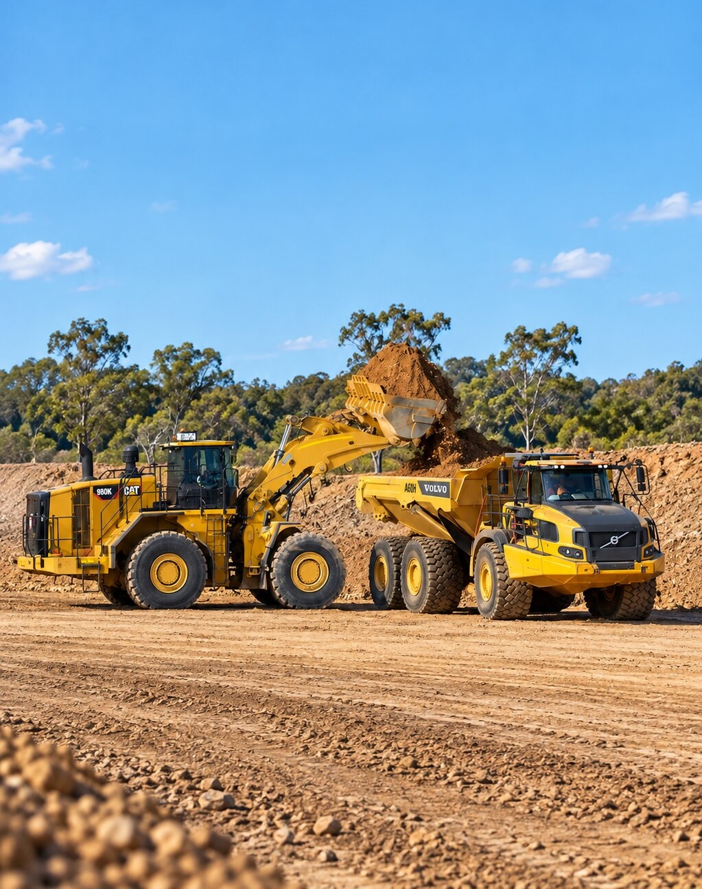 Mining earthworks with excavators and haul trucks